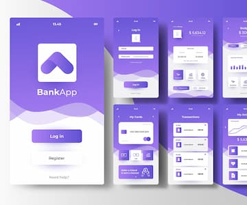 Mobile banking app interface design showing purple-themed BankApp with multiple screens including login, dashboard, transactions, and analytics views displayed on smartphone mockups