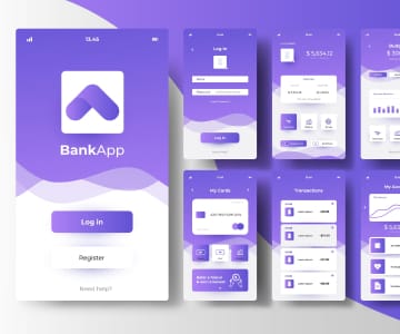 Mobile banking app interface design showing purple-themed BankApp with multiple screens including login, dashboard, transactions, and analytics views displayed on smartphone mockups