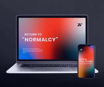Laptop and smartphone displaying matching gradient website design with 'Return to Normalcy' heading and modern UI elements in orange and blue colors