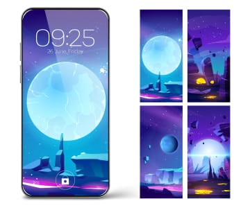 Smartphone lock screen showing time 09:25 with mystical blue moon landscape wallpaper, alongside collection of similar fantasy-themed mobile wallpapers